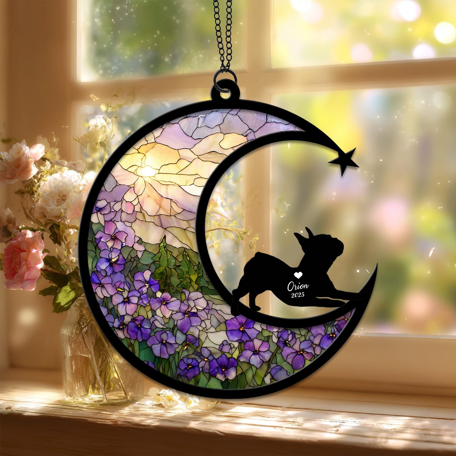 Standard style suncatcher showing a reclining French Bulldog silhouette beside a stained-glass violet field