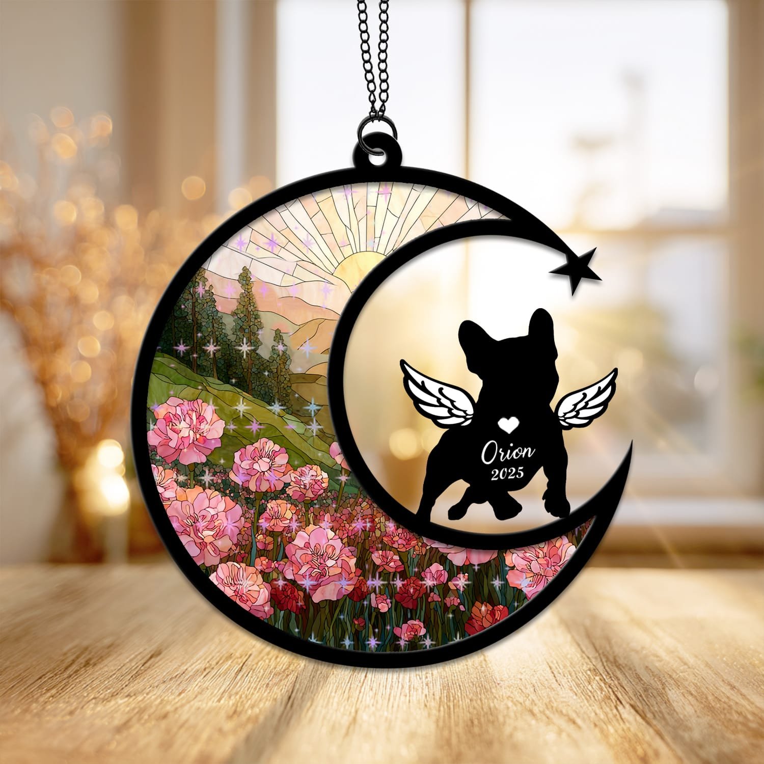 Starburst style suncatcher with an angel-winged French Bulldog silhouette under a sparkling stained-glass rose garden and shooting star