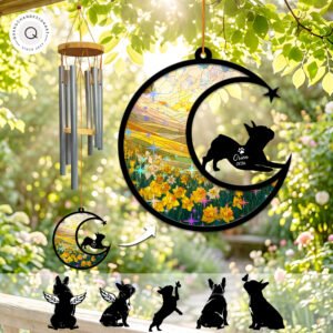 Wind chime with a crescent moon suncatcher showing a yellow daffodil field and a reclining winged French Bulldog silhouette personalized with a name and year