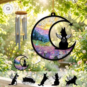 Wind chime with a crescent moon suncatcher showing a pastel daisy field and a winged German Shepherd silhouette, personalized with a name and year