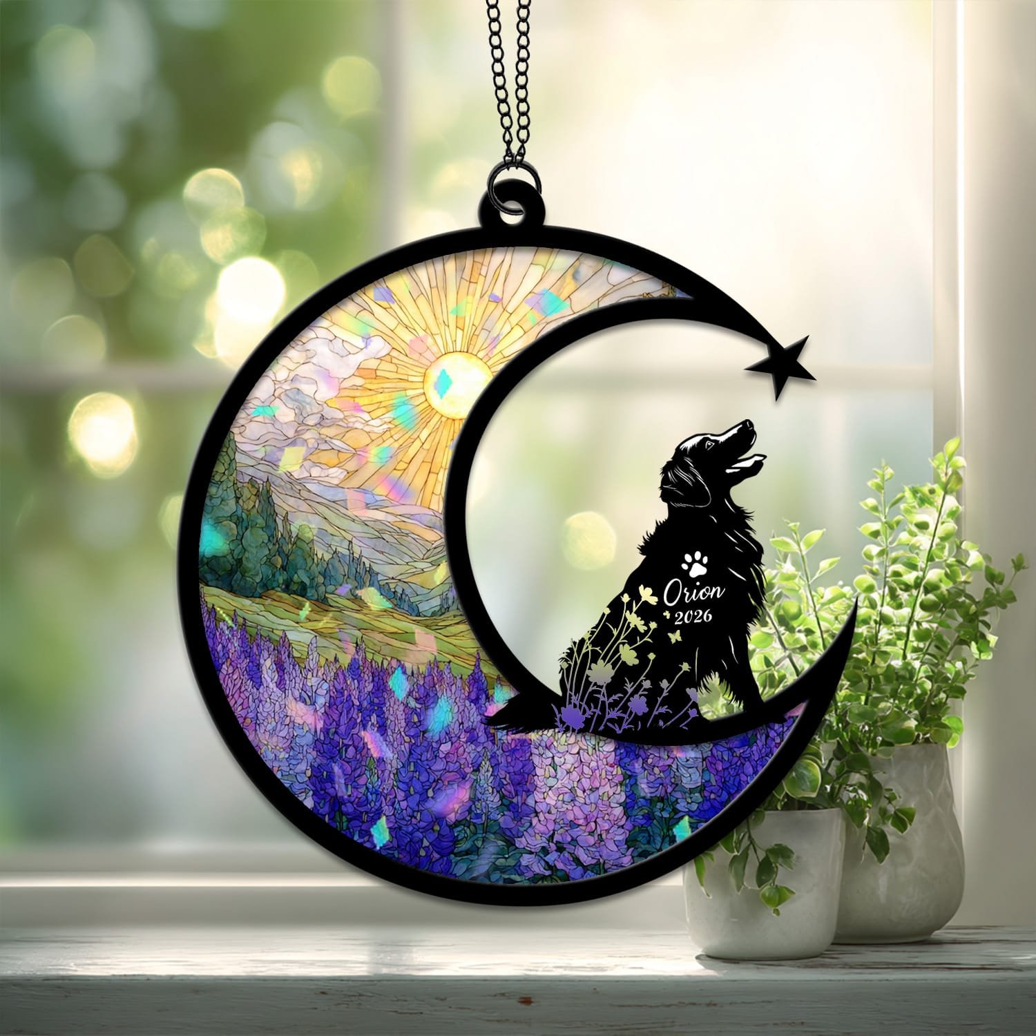 Broken Glass style suncatcher showing a Golden Retriever silhouette against a cracked-glass style floral crescent moon background