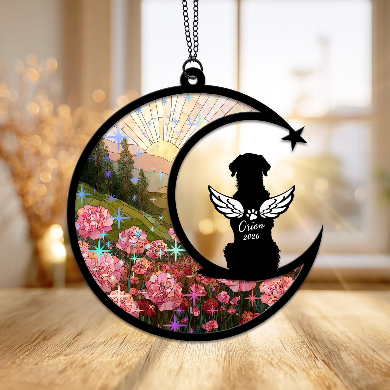 Crescent moon suncatcher with an angel-winged Golden Retriever silhouette over a stained-glass rose garden