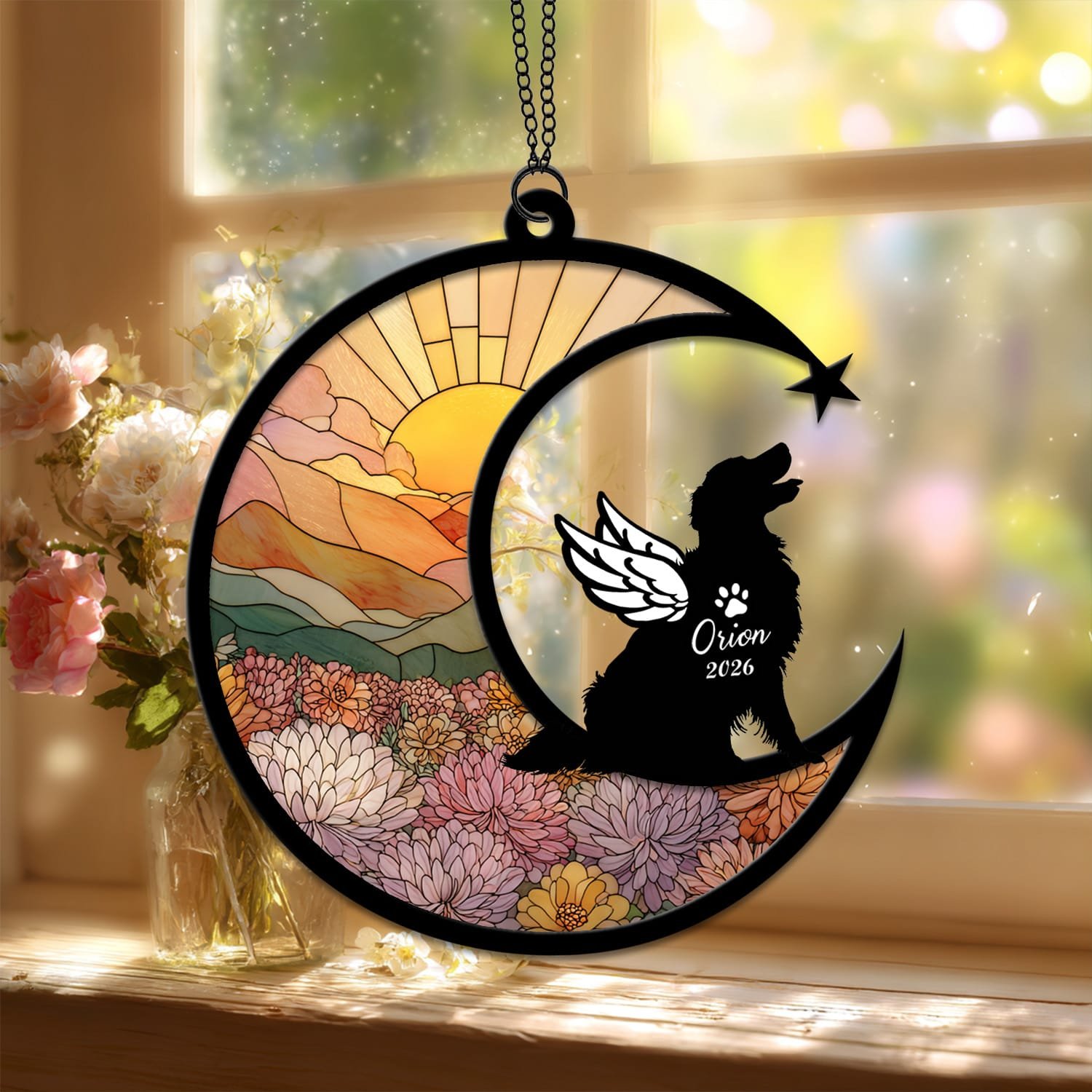 Standard style suncatcher showing a Golden Retriever silhouette seated on the crescent moon beside a stained-glass floral field