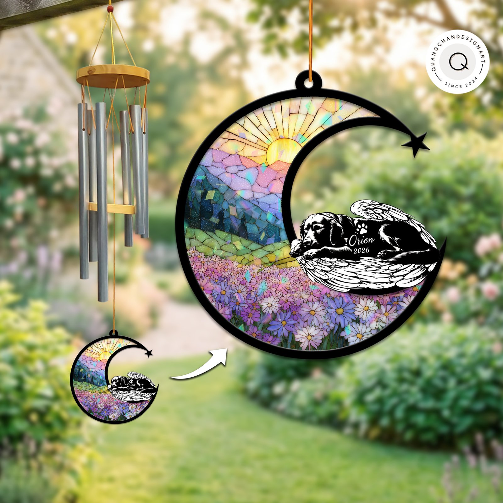 Wind chime with an iridescent stained-glass style suncatcher panel showing a purple daisy field and a sleeping winged Golden Retriever silhouette personalized with a name and year