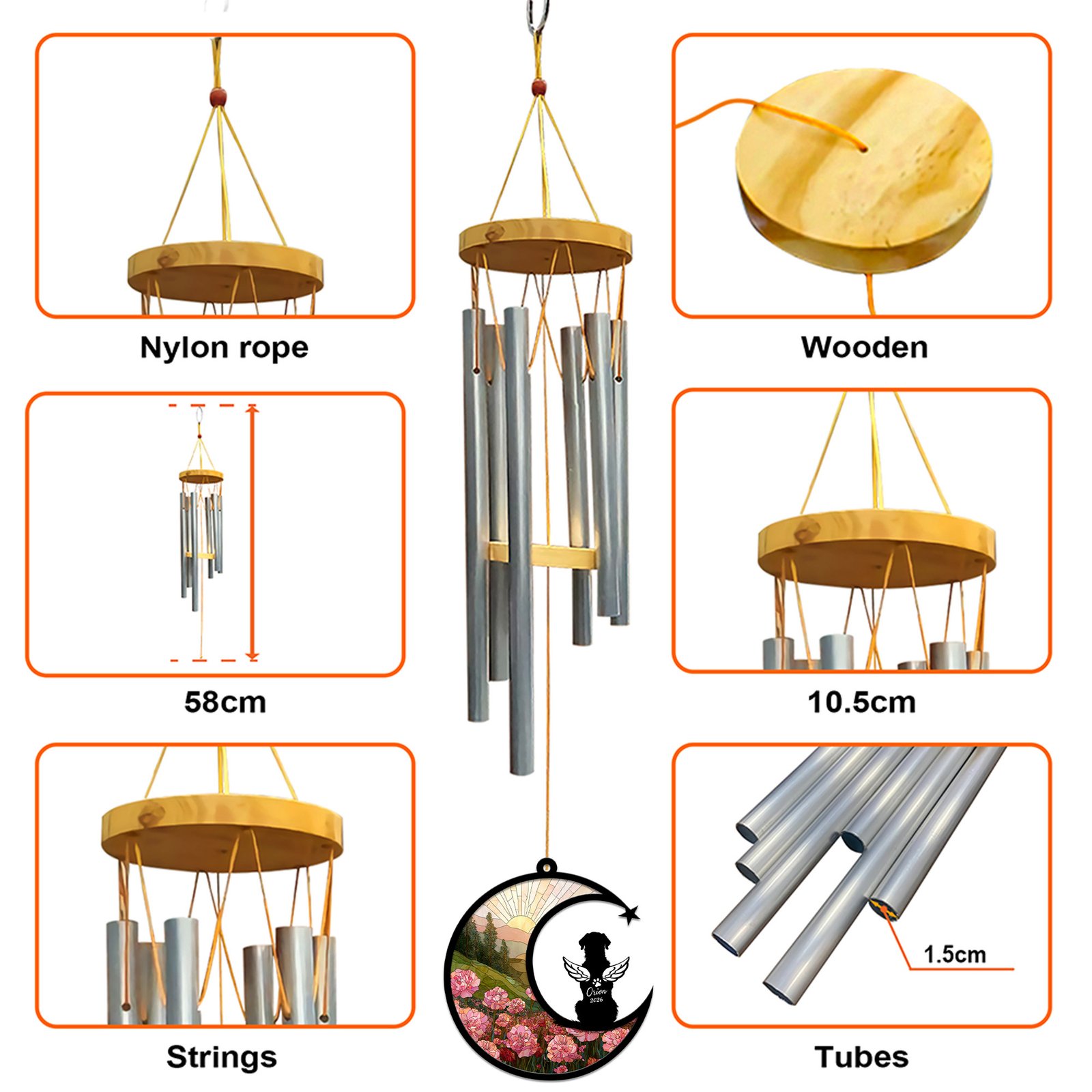 Infographic showing the wind chime construction with a wooden cap, nylon rope, metal tubes, and dimensions including 58 cm length and 10.5 cm cap width