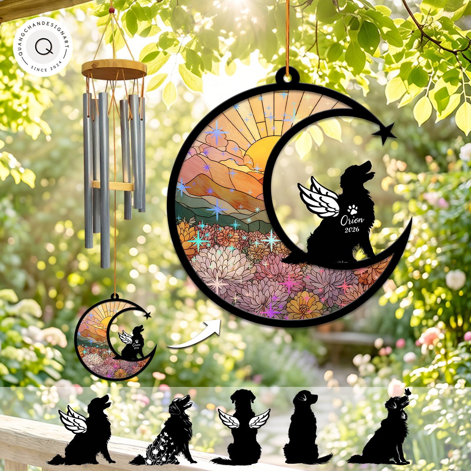 Wind chime with a crescent moon suncatcher showing a sunset dahlia field and a winged Golden Retriever silhouette howling at a shooting star, personalized with a name and year