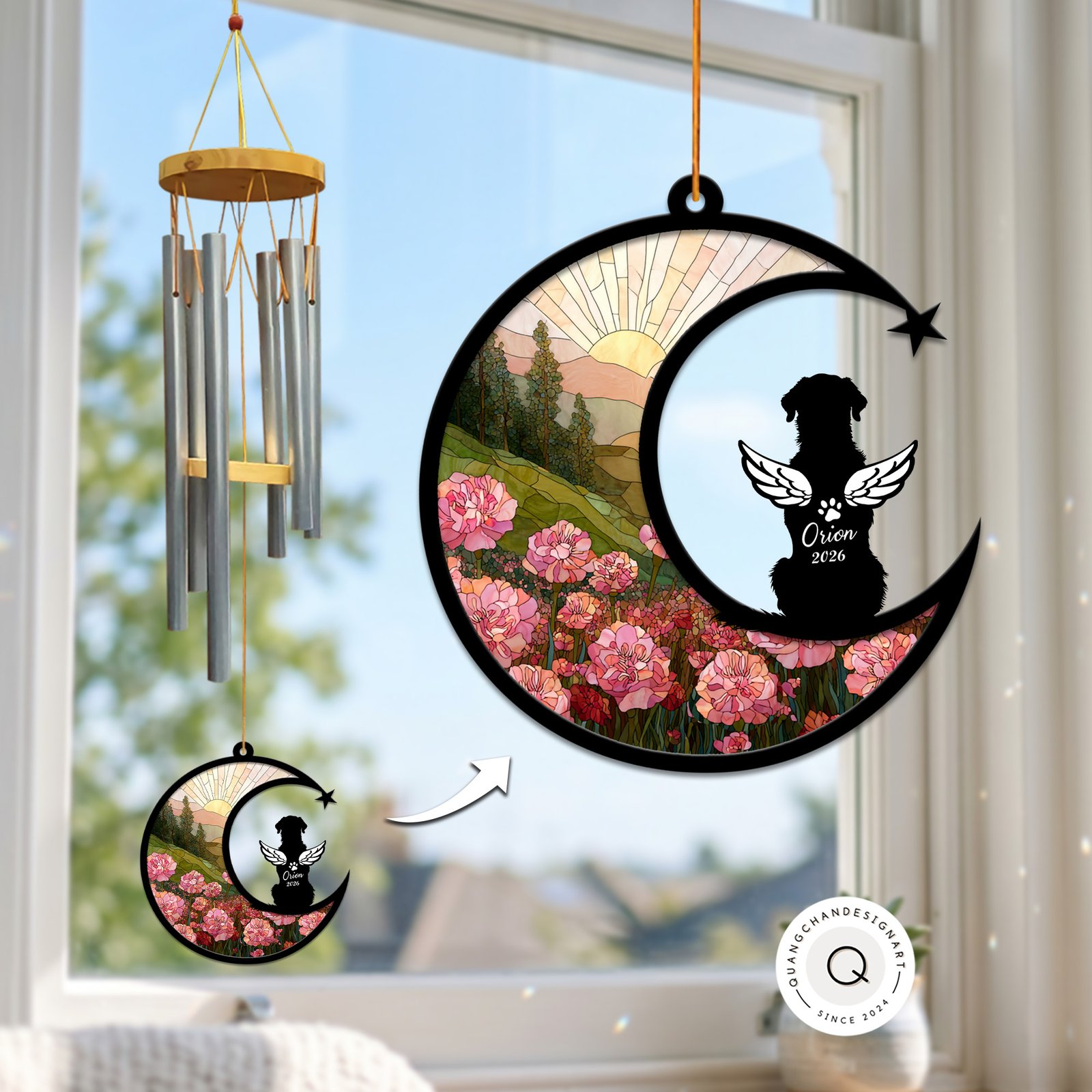 Wind chime with a crescent moon suncatcher showing a pine hillside and pink carnation field, and a Golden Retriever silhouette personalized with a name and year