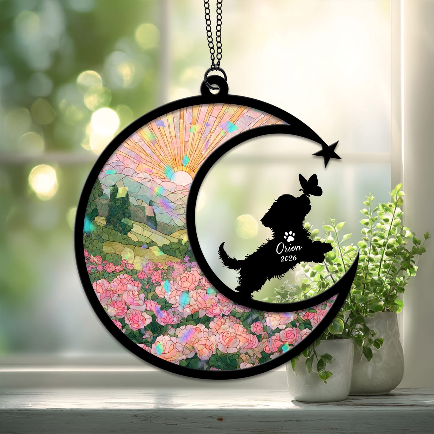 Broken Glass style suncatcher showing a Goldendoodle silhouette against a cracked-glass style floral crescent moon background