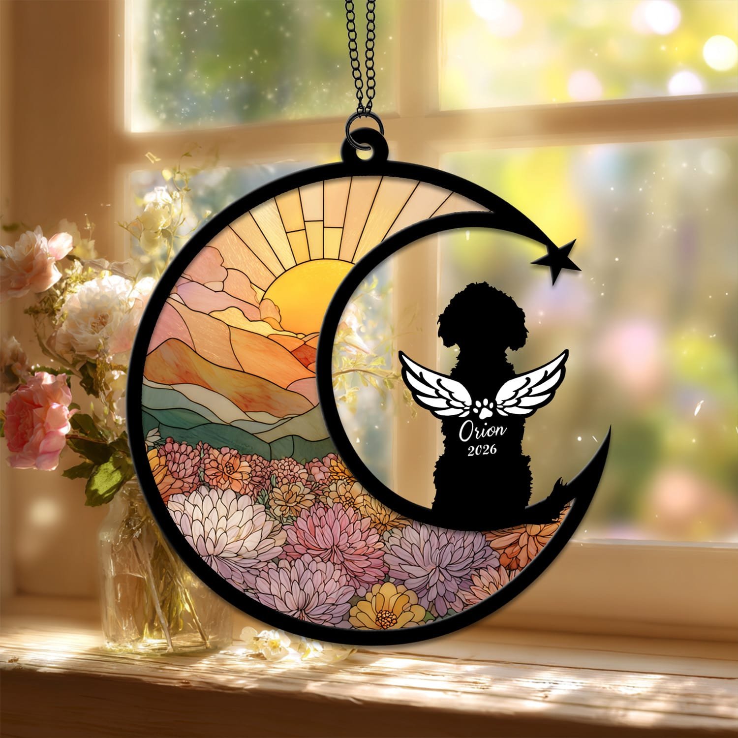 Crescent moon suncatcher with a curly-coated angel-winged Goldendoodle silhouette over a stained-glass dahlia field