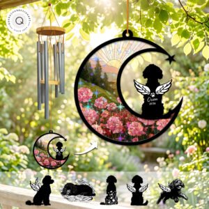 Wind chime with a crescent moon suncatcher showing a pink carnation field and a winged Goldendoodle silhouette personalized with a name and year