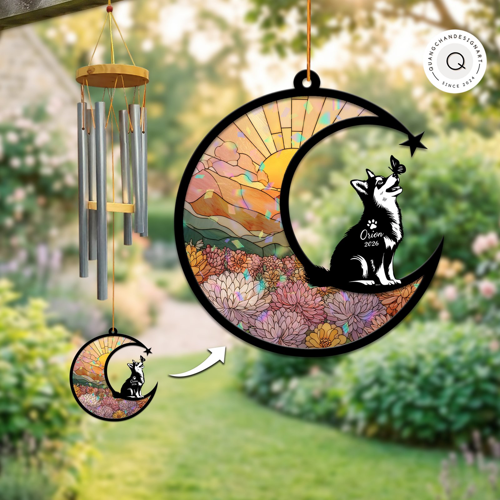 Wind chime with an iridescent stained-glass style suncatcher panel showing a marigold sunset field and a Husky silhouette with a butterfly resting on its nose, personalized with a name and year