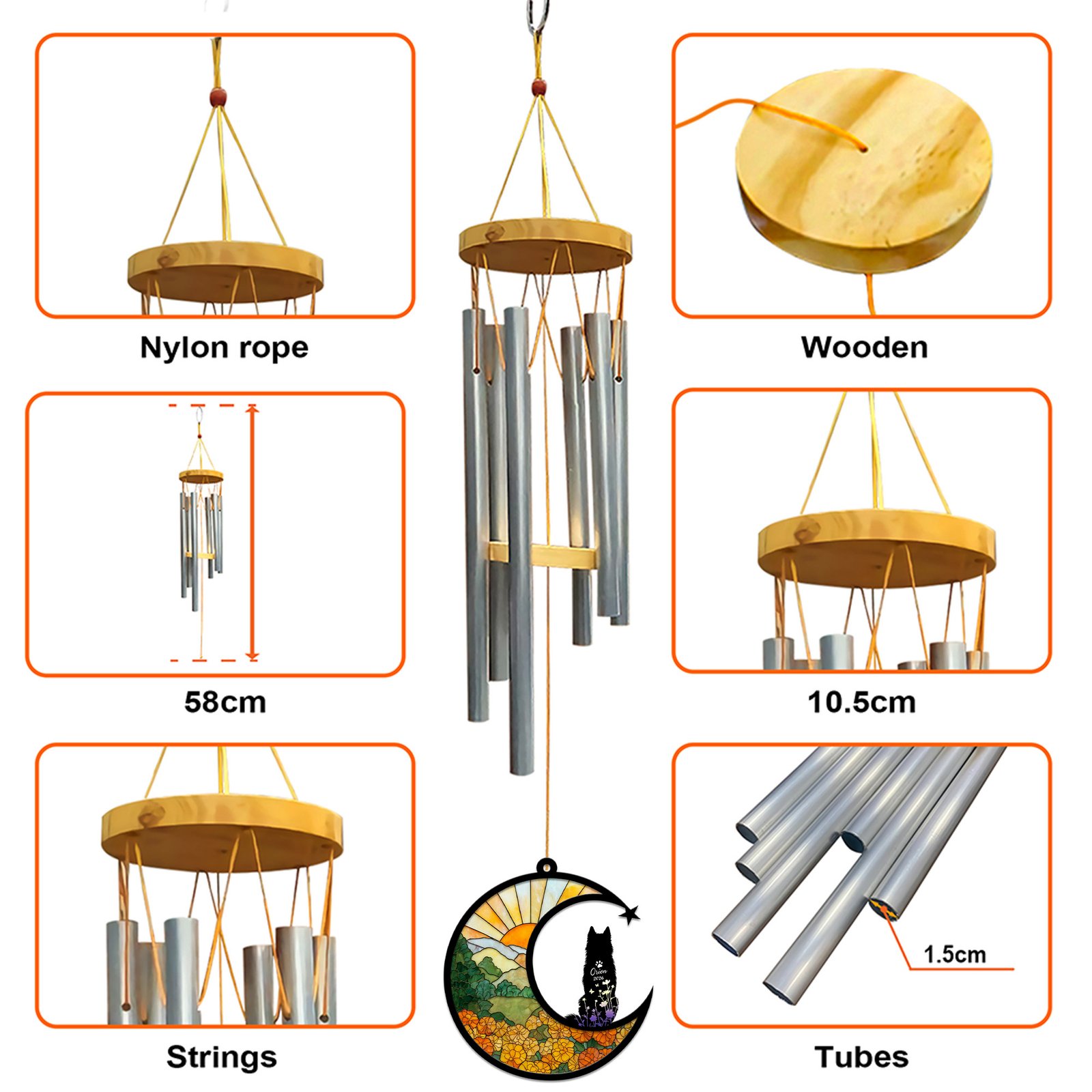 Infographic showing the wind chime construction with a wooden cap, nylon rope, metal tubes, and dimensions including 58 cm length and 10.5 cm cap width