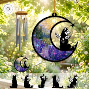 Wind chime with a crescent moon suncatcher showing a sparkling purple lupine field and a winged Husky silhouette personalized with a name and year