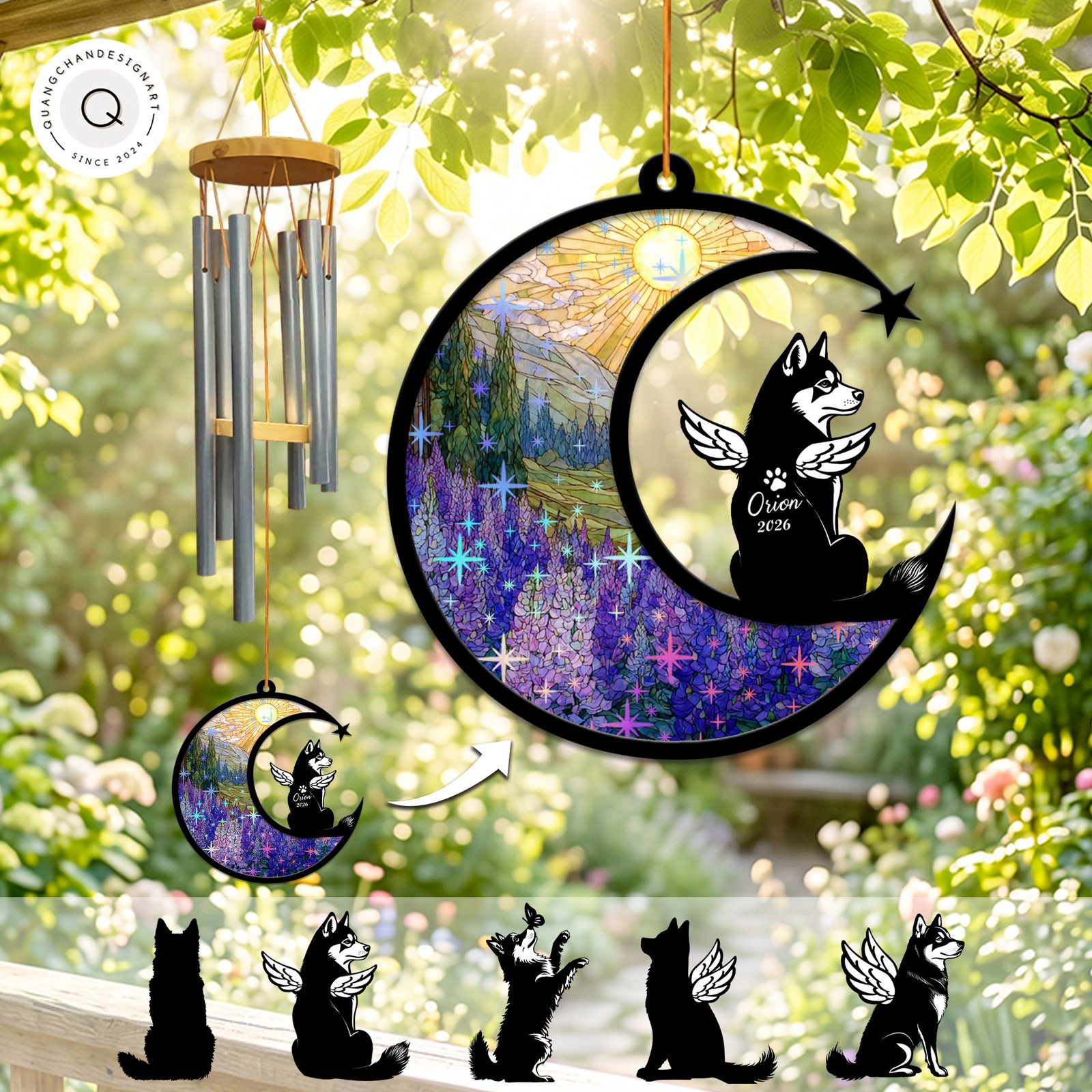 Wind chime with a crescent moon suncatcher showing a sparkling purple lupine field and a winged Husky silhouette personalized with a name and year
