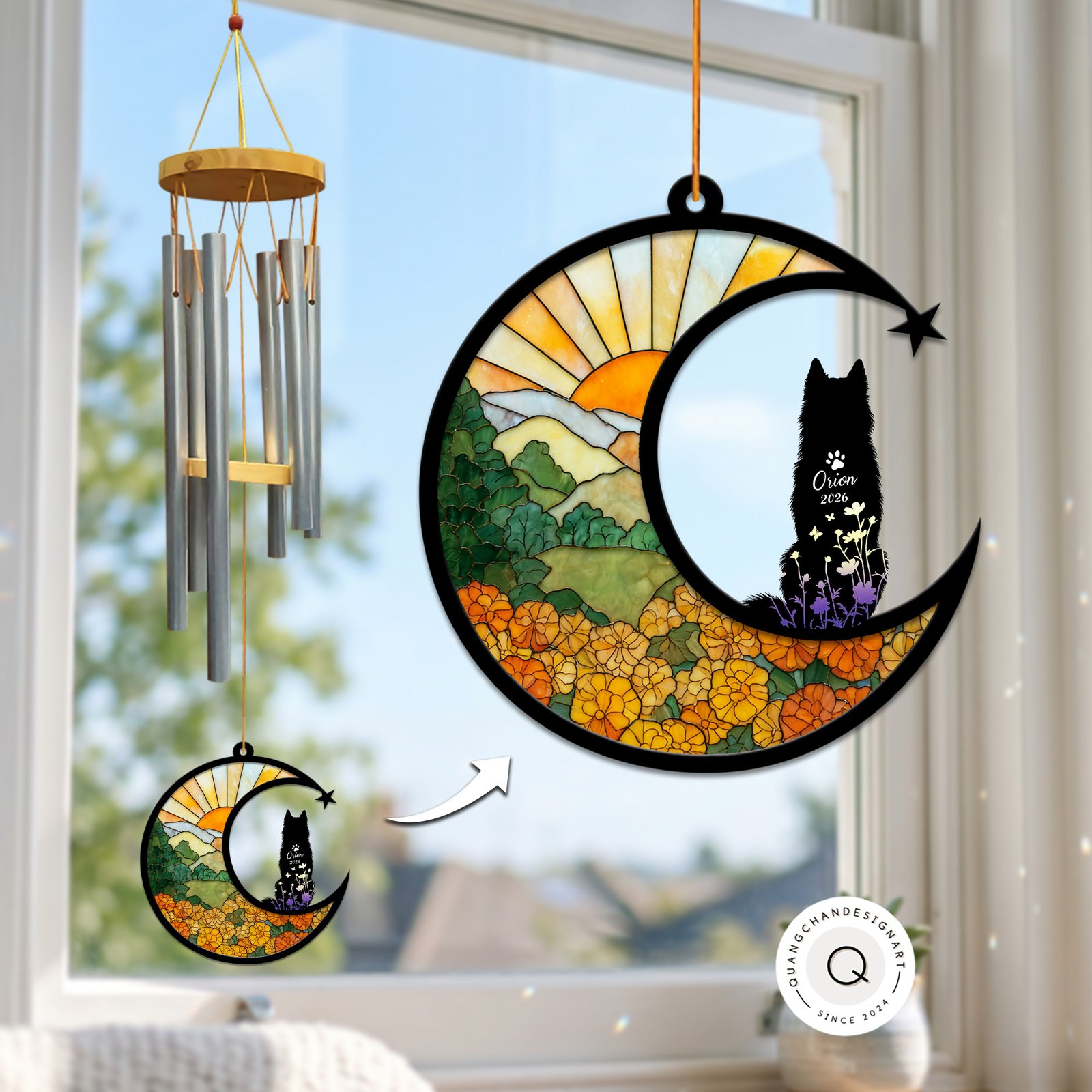 Wind chime with a crescent moon suncatcher showing a mountain and orange marigold field, and a Husky silhouette personalized with a name and year