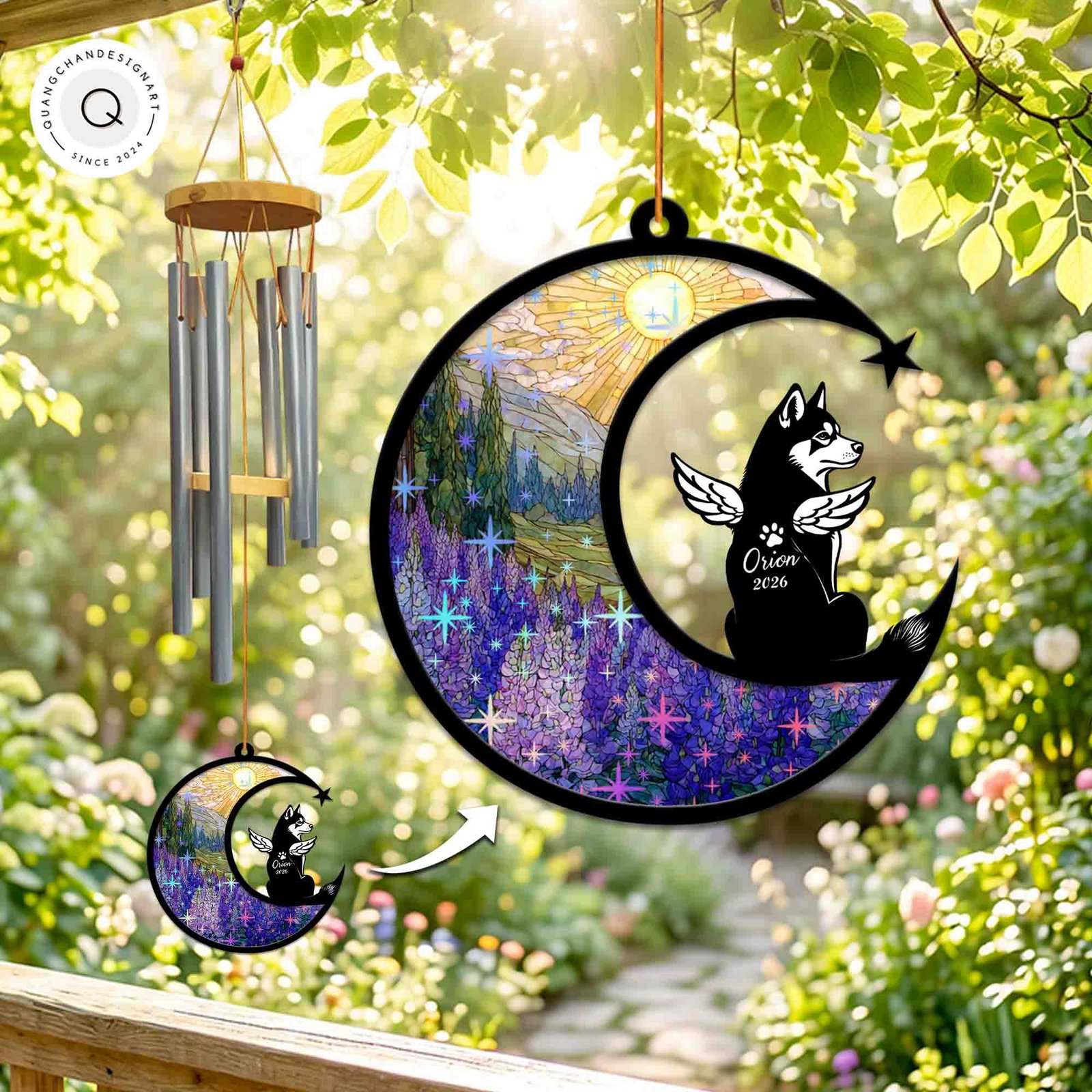Wind chime with a sparkling lavender lupine field suncatcher panel and a winged Husky silhouette personalized with a name and year