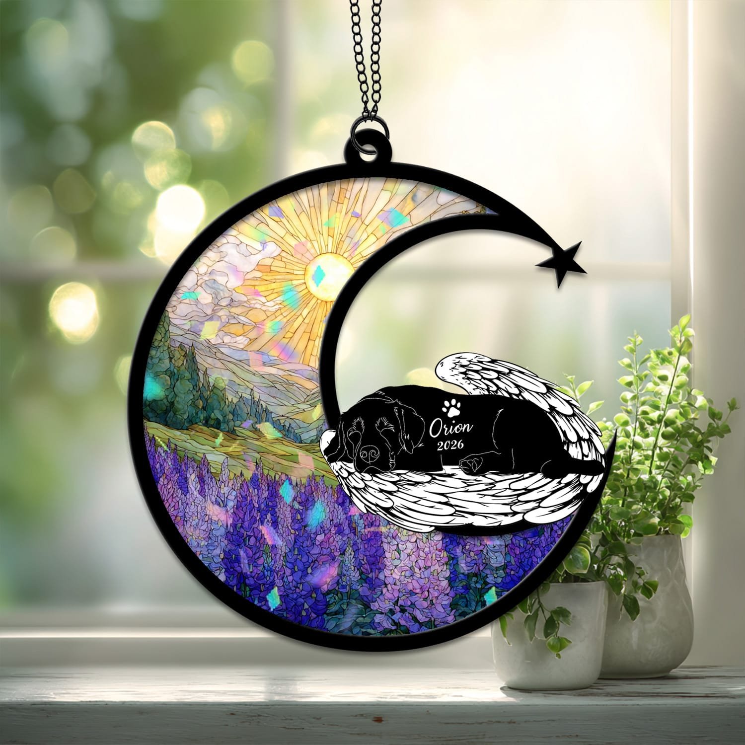 Broken Glass style suncatcher showing a Labrador silhouette against a cracked-glass style floral crescent moon background