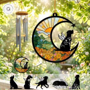 Wind chime with a crescent moon suncatcher showing a marigold sunset field and a winged Labrador silhouette howling, personalized with a name and year