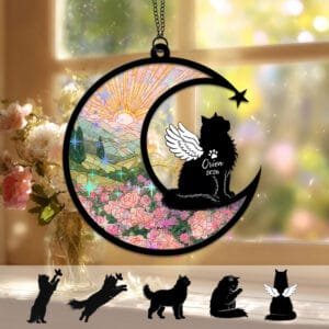 Crescent moon suncatcher with a fluffy angel-winged Long-Haired Cat silhouette over a stained-glass rose garden