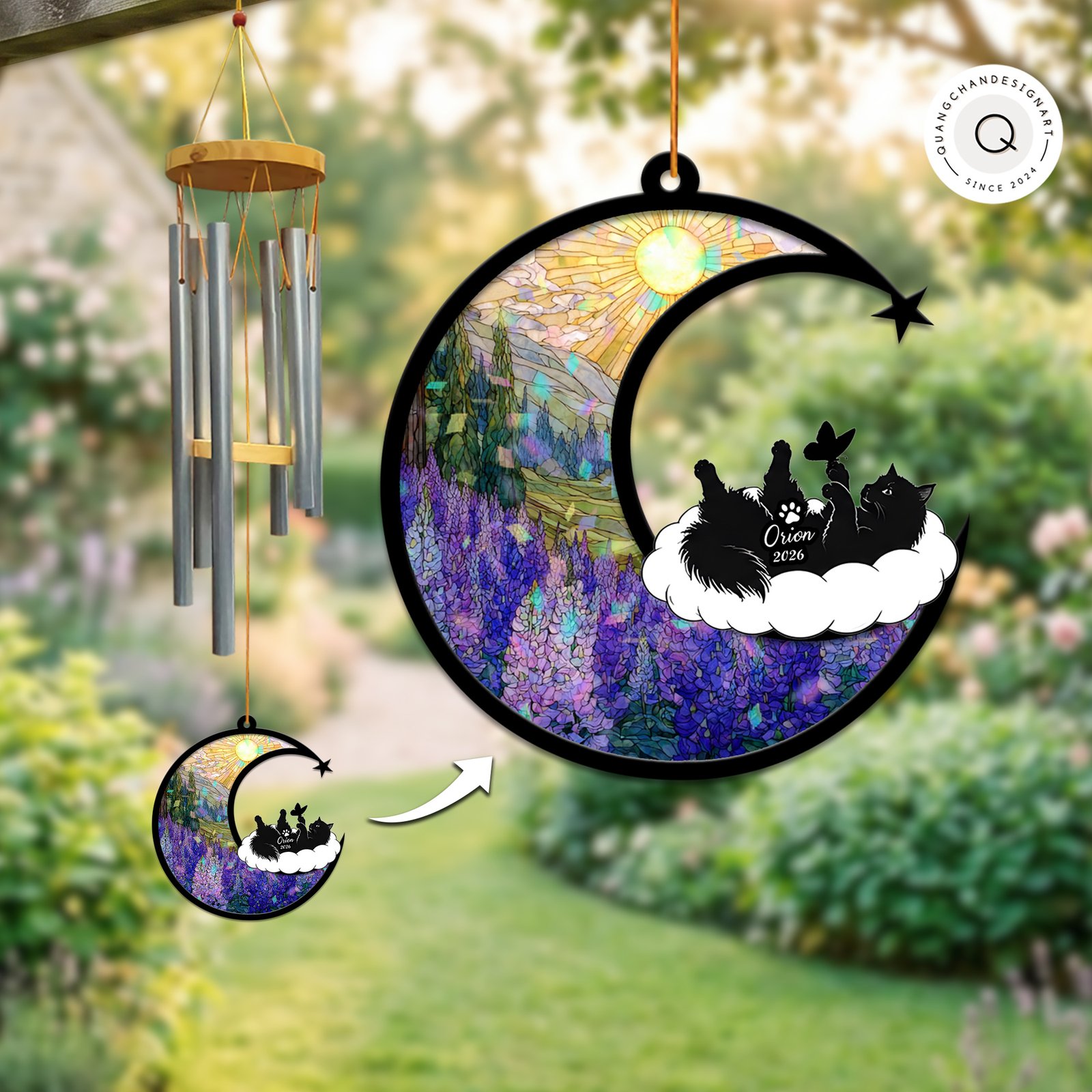 Wind chime with an iridescent stained-glass style suncatcher panel showing a purple lupine field and two playful black cat silhouettes on a cloud with a butterfly, personalized with a name and year