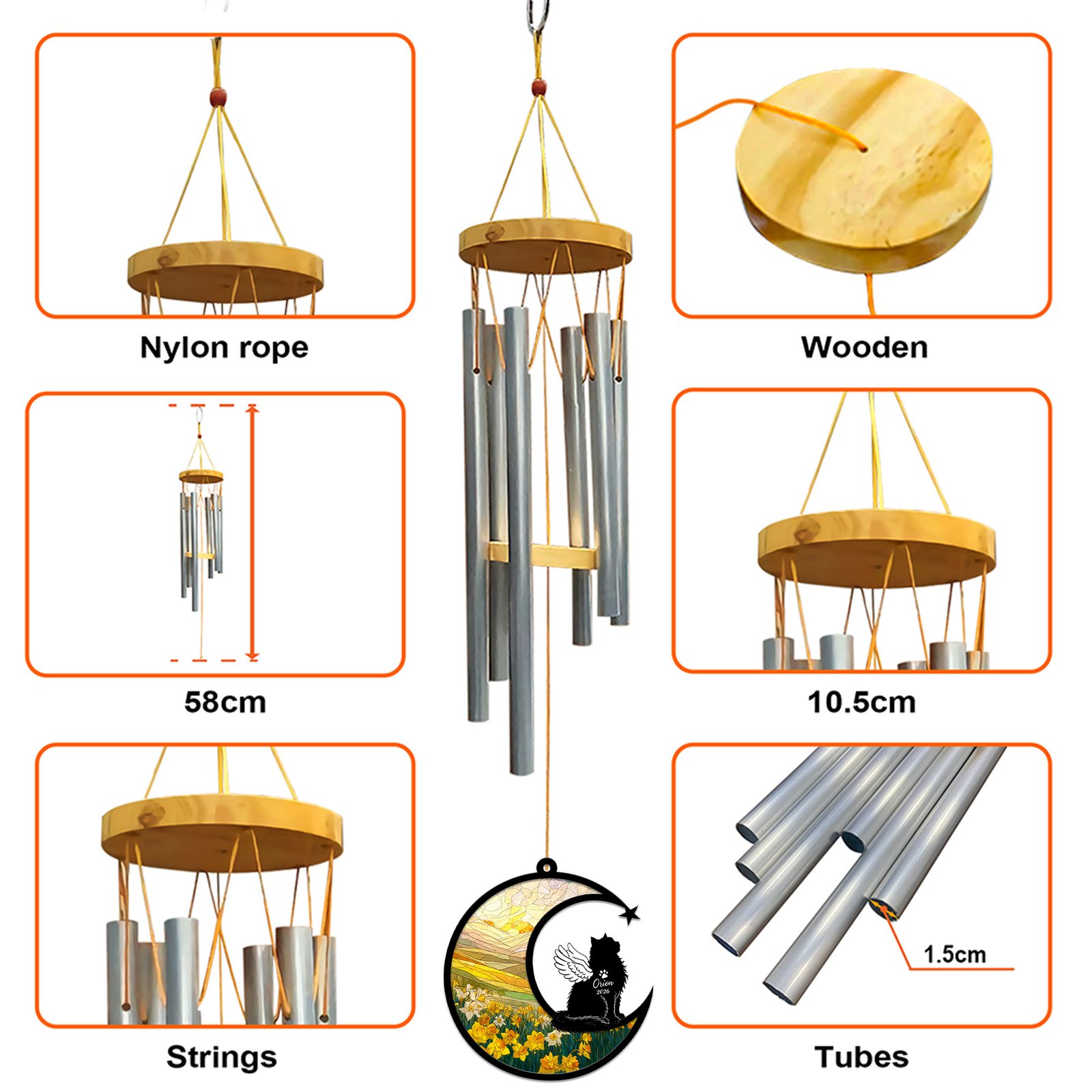 Infographic showing the wind chime construction with a wooden cap, nylon rope, metal tubes, and dimensions including 58 cm length and 10.5 cm cap width