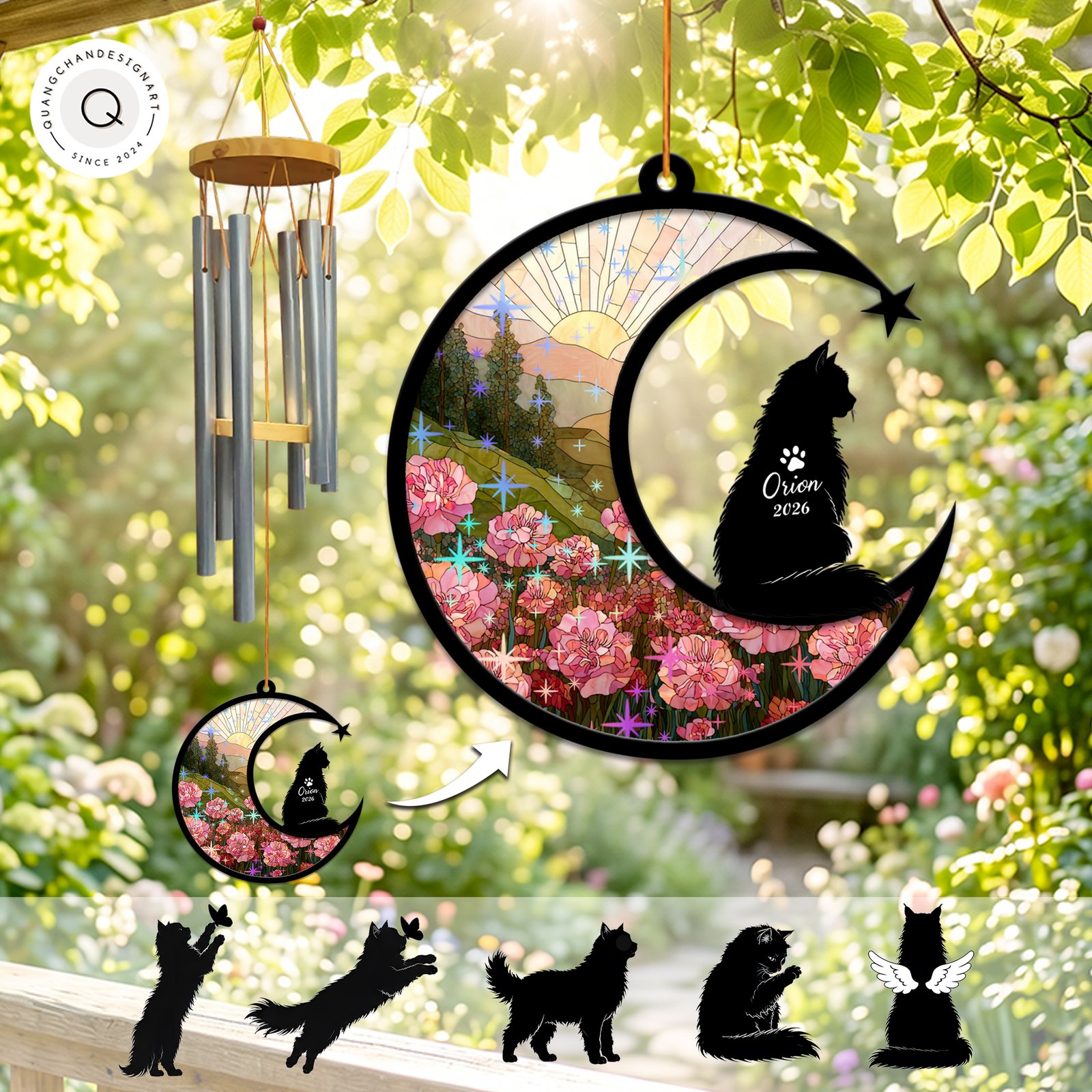 Wind chime with a crescent moon suncatcher showing a sparkling pink carnation field and a black long-haired cat silhouette personalized with a name and year
