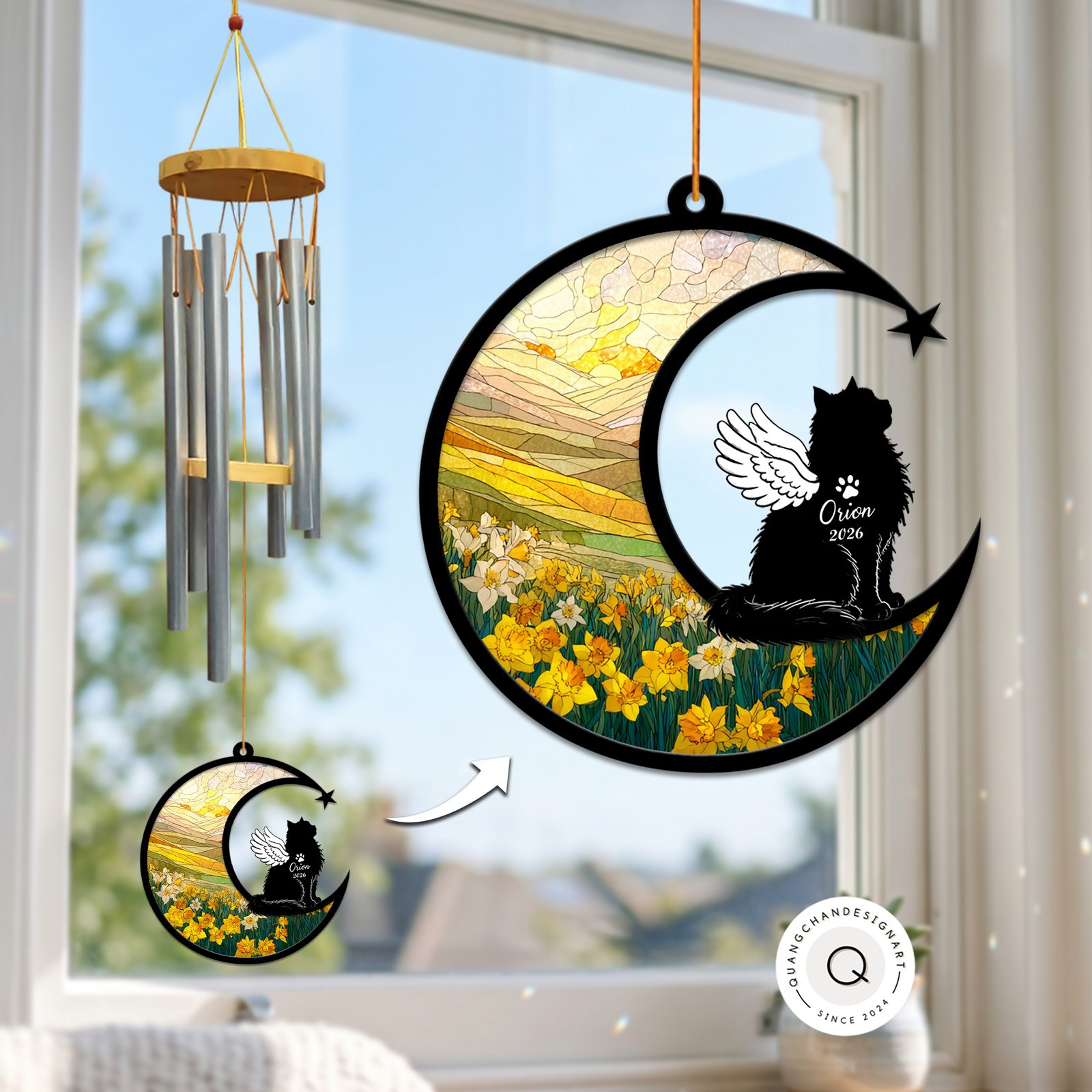 Wind chime with a crescent moon suncatcher showing a sunset mountain and daffodil field, and a black long-haired cat silhouette personalized with a name and year