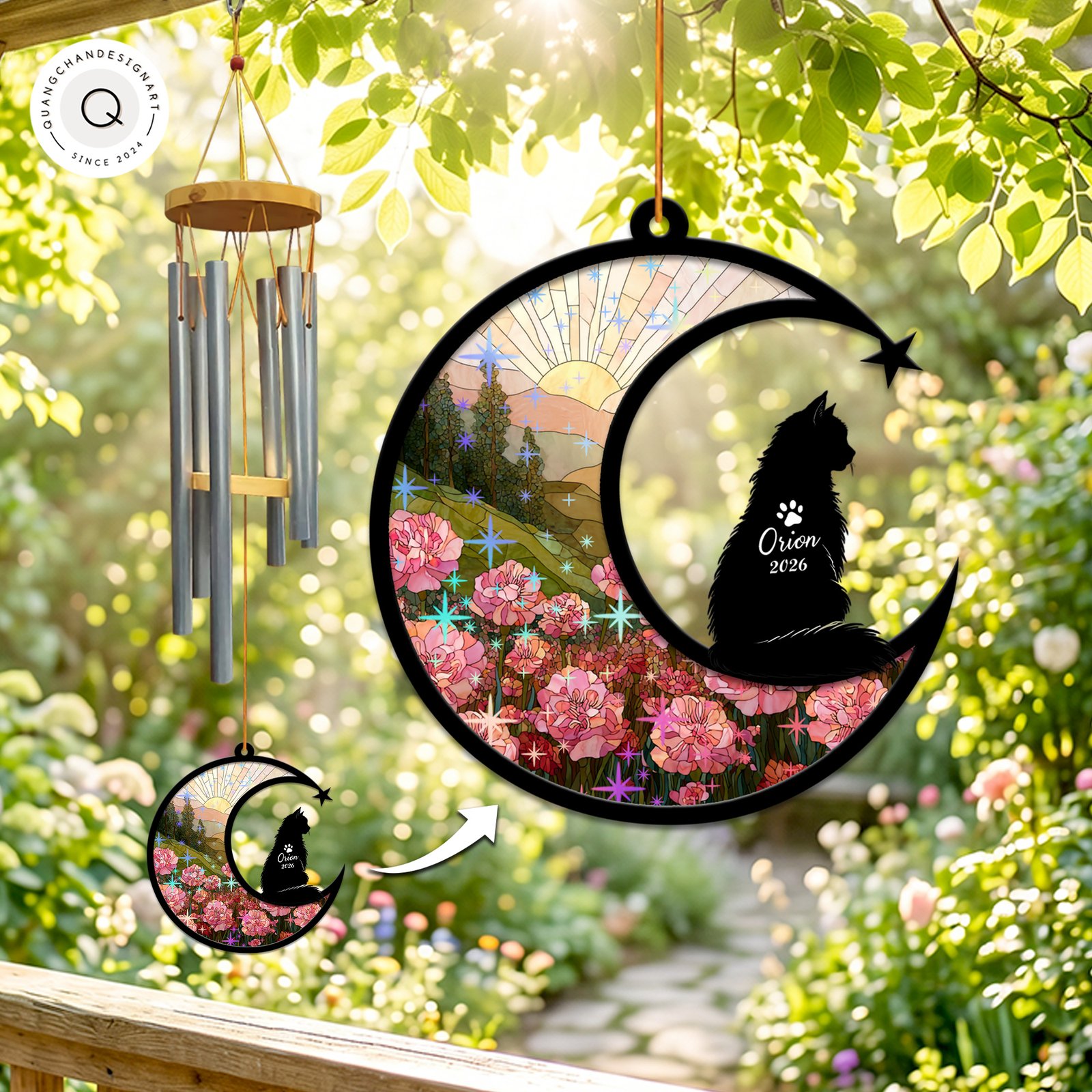 Wind chime with a sparkling pink peony field suncatcher panel and a black long-haired cat silhouette personalized with a name and year