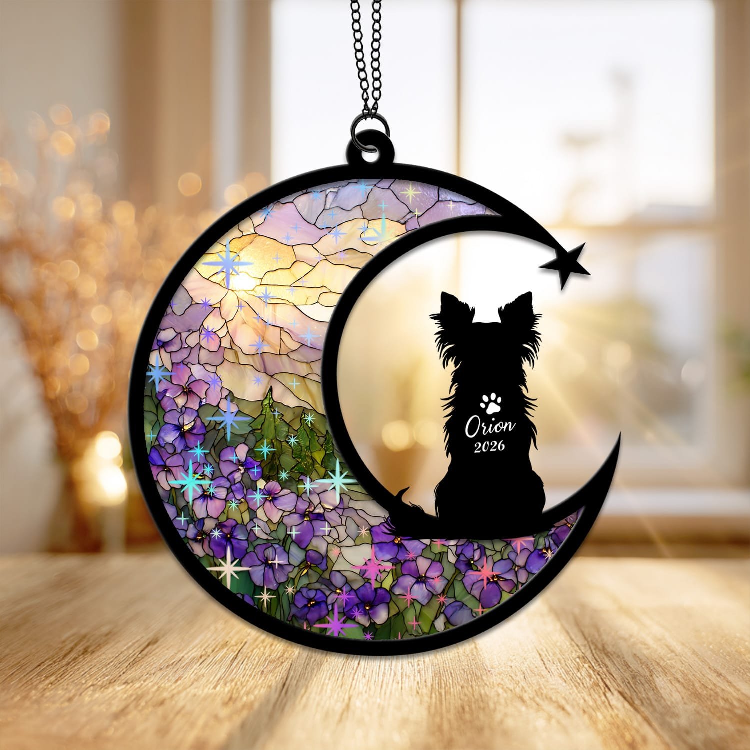 Starburst style suncatcher with a Long-Haired Chihuahua silhouette under a sparkling stained-glass sunrise
