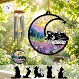 Wind chime with a crescent moon suncatcher showing a sparkling purple and pink daisy field and a sleeping winged Long-Haired Chihuahua silhouette personalized with a name and year
