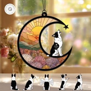 Personalized Australian Cattle Dog memorial suncatcher with a crescent moon, warm sunrise landscape, colorful floral design and multiple custom dog pose options for a meaningful pet loss keepsake.