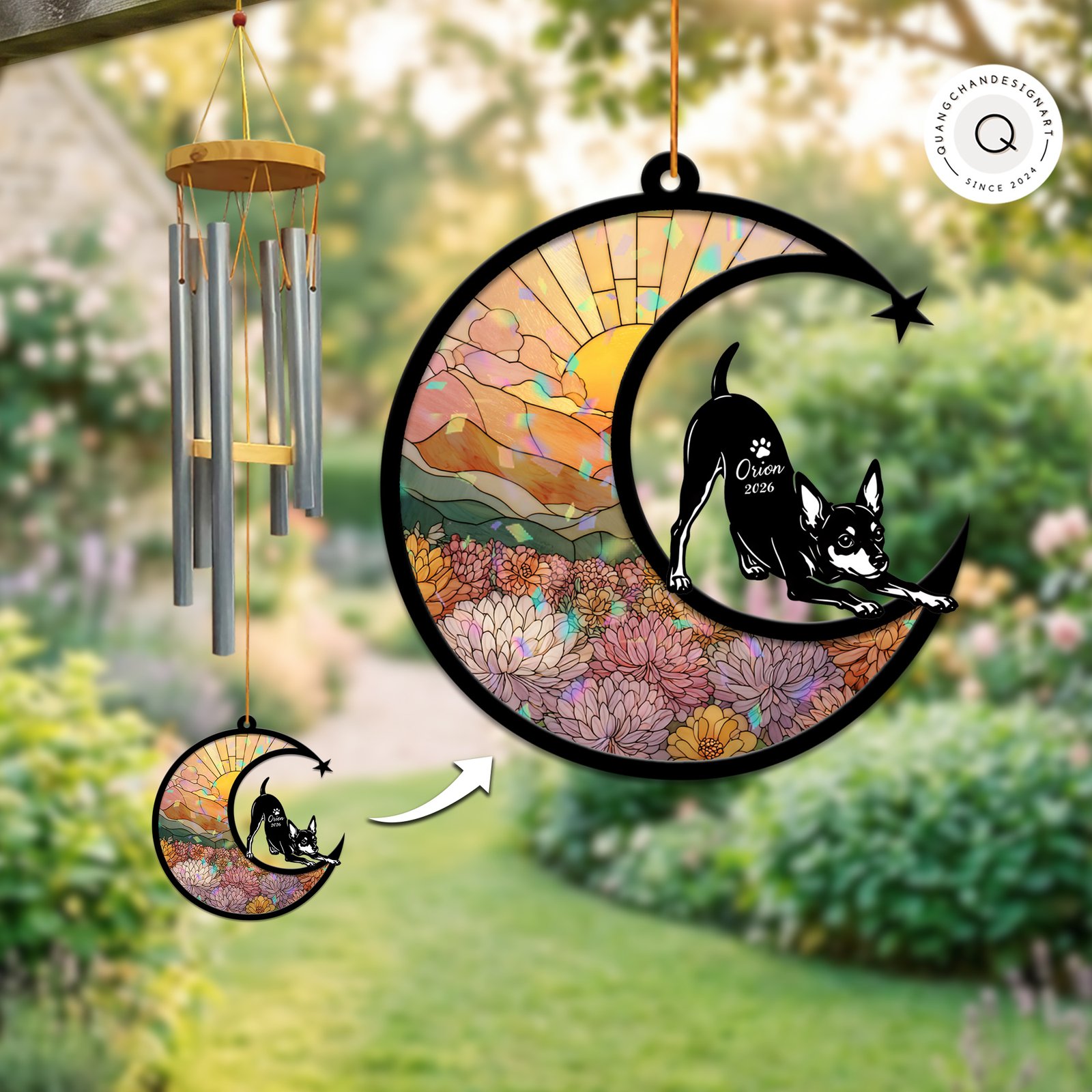 Wind chime with an iridescent stained-glass style suncatcher panel showing a chrysanthemum field and a playful, crouching Miniature Pinscher silhouette, personalized with a name and year