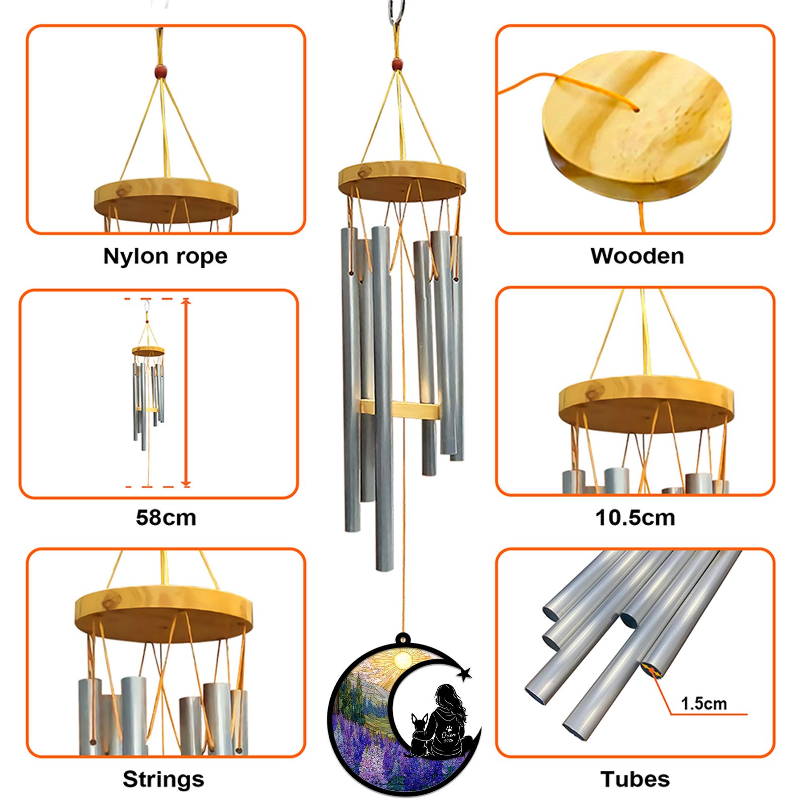 Infographic showing the wind chime construction with a wooden cap, nylon rope, metal tubes, and dimensions including 58 cm length and 10.5 cm cap width