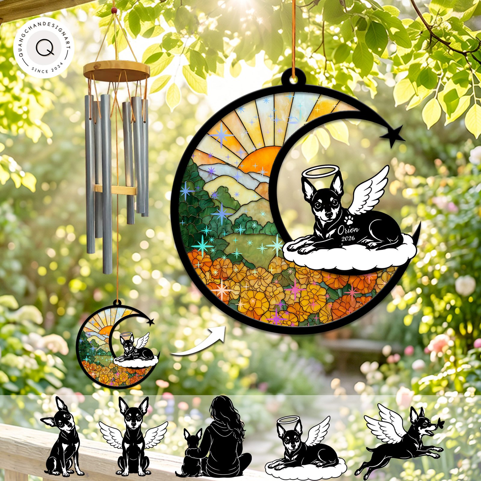 Wind chime with a crescent moon suncatcher showing an orange marigold field and a haloed, winged Miniature Pinscher silhouette resting on a cloud, personalized with a name and year