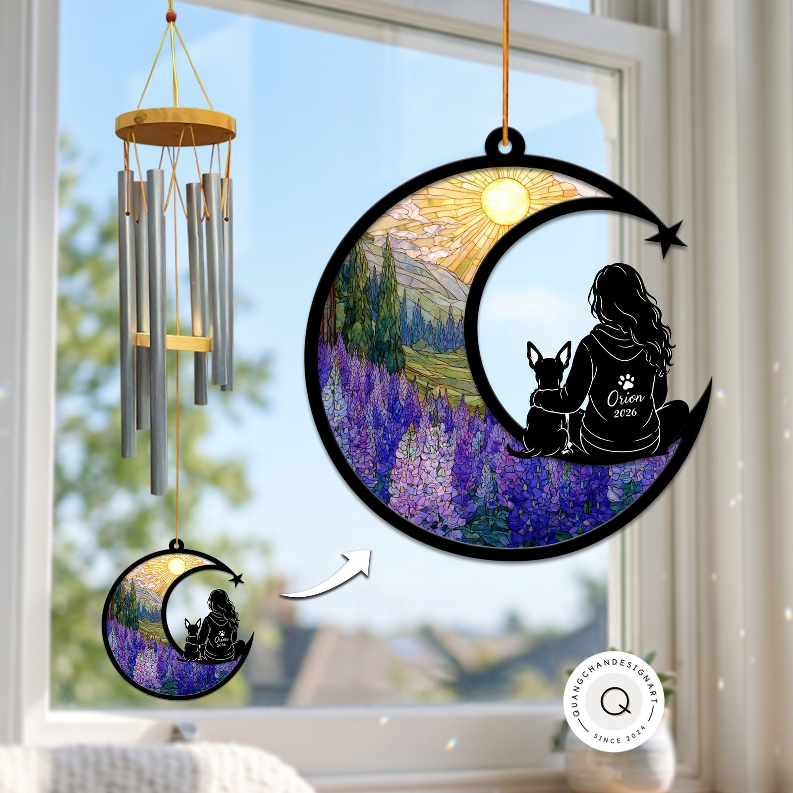 Wind chime with a crescent moon suncatcher showing a purple lupine field, with a silhouette of a woman sitting beside her Miniature Pinscher, personalized with a name and year