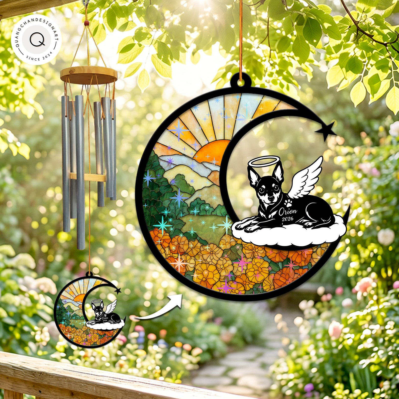 Wind chime with a sparkling pink peony field suncatcher panel and two playful black cat silhouettes with a butterfly, personalized with a name and year