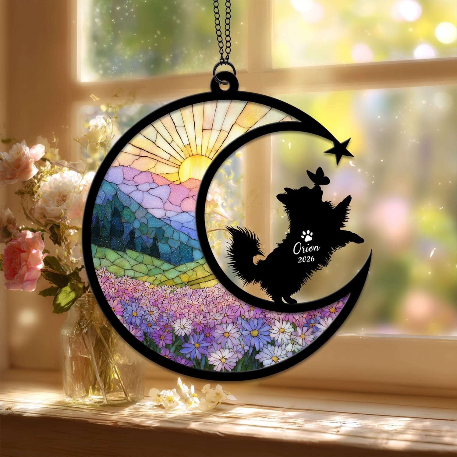 Standard style suncatcher showing a Pomeranian silhouette seated on the crescent moon beside a stained-glass floral field