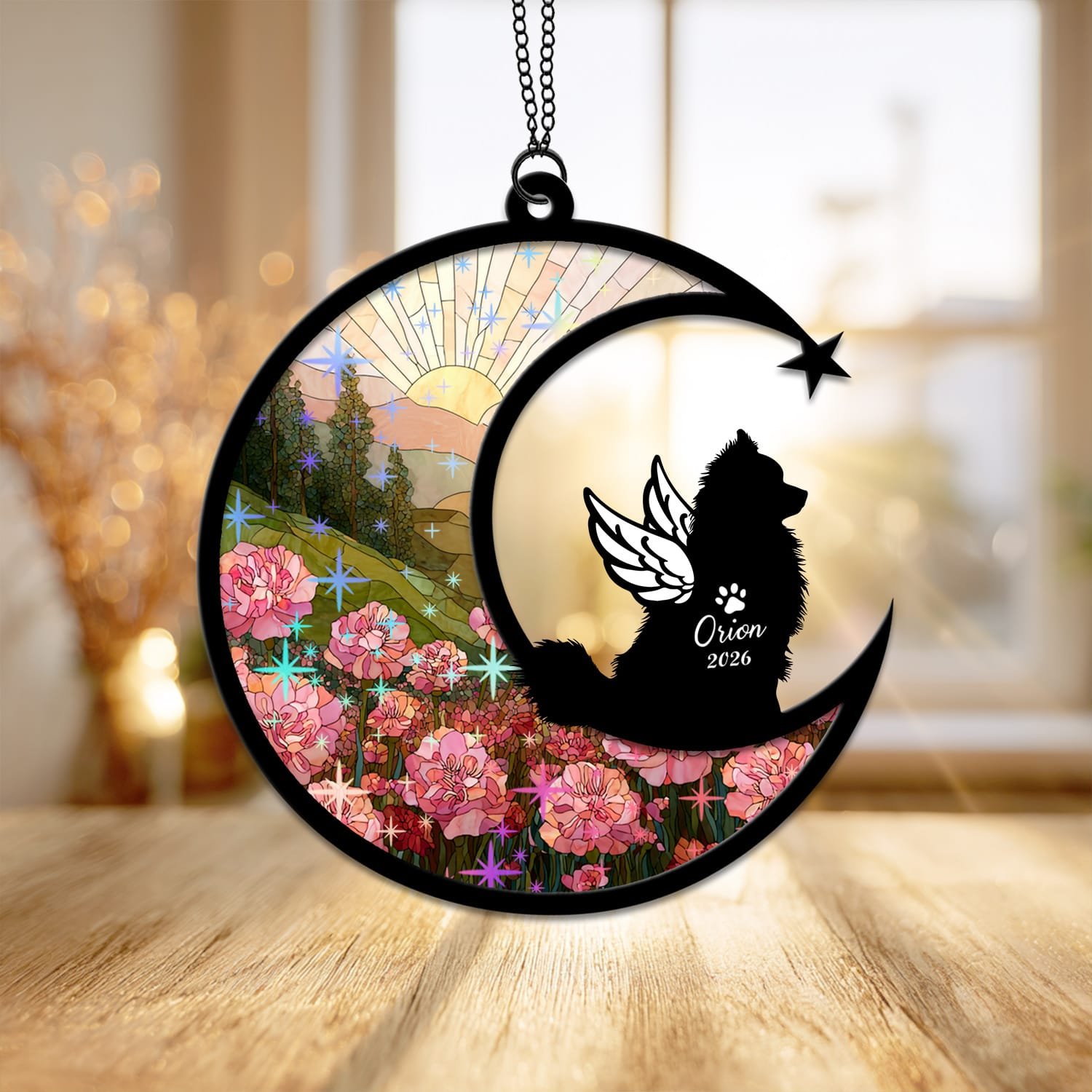 Starburst style suncatcher with a Pomeranian silhouette under a sparkling stained-glass sunrise