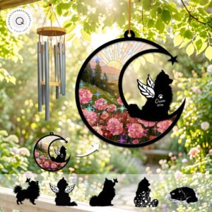 Wind chime with a crescent moon suncatcher showing a sparkling pink carnation field and a winged Pomeranian silhouette personalized with a name and year