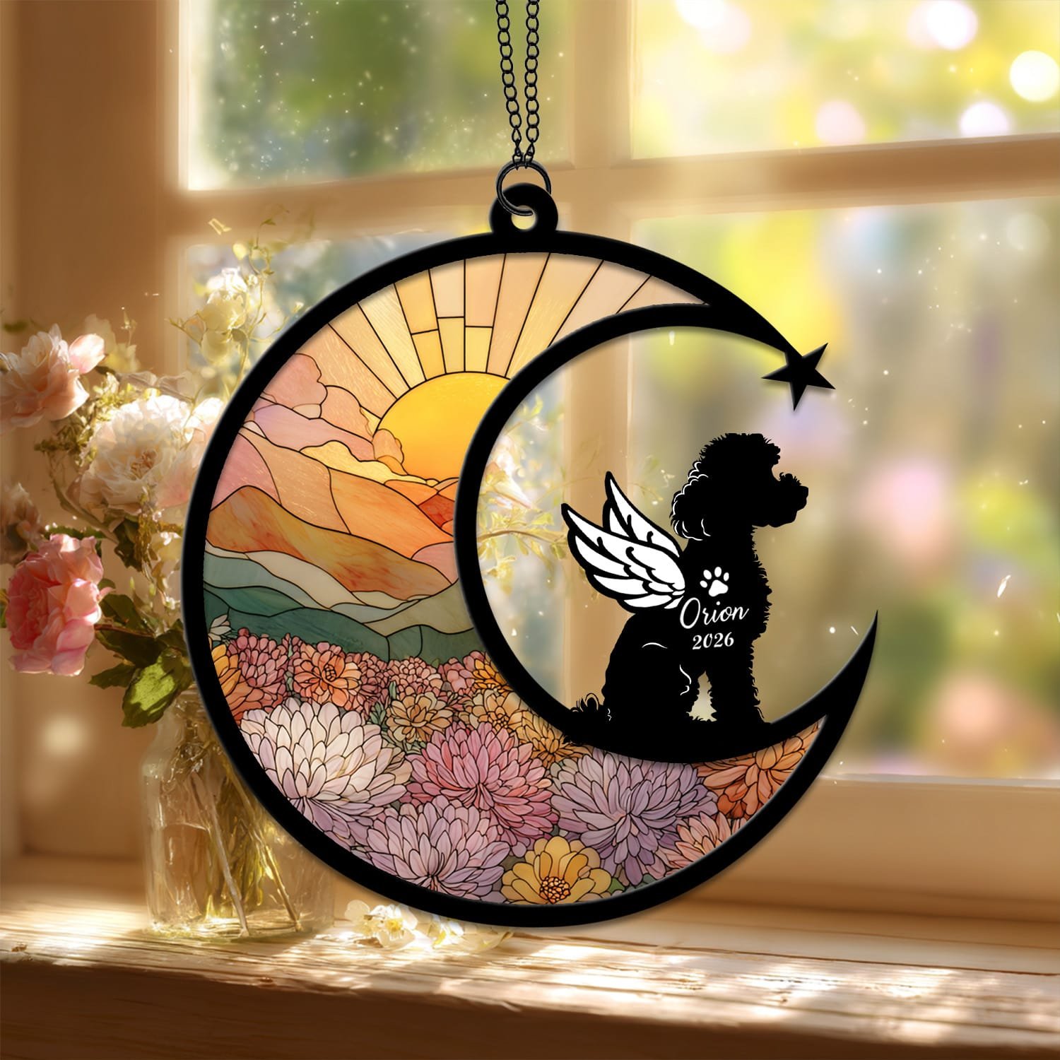Standard style suncatcher showing a Poodle silhouette seated on the crescent moon beside a stained-glass floral field
