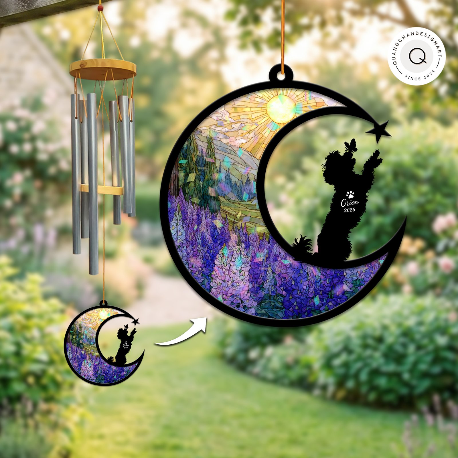 Wind chime with an iridescent stained-glass style suncatcher panel showing a purple lupine field and a Poodle silhouette reaching up for a butterfly, personalized with a name and year