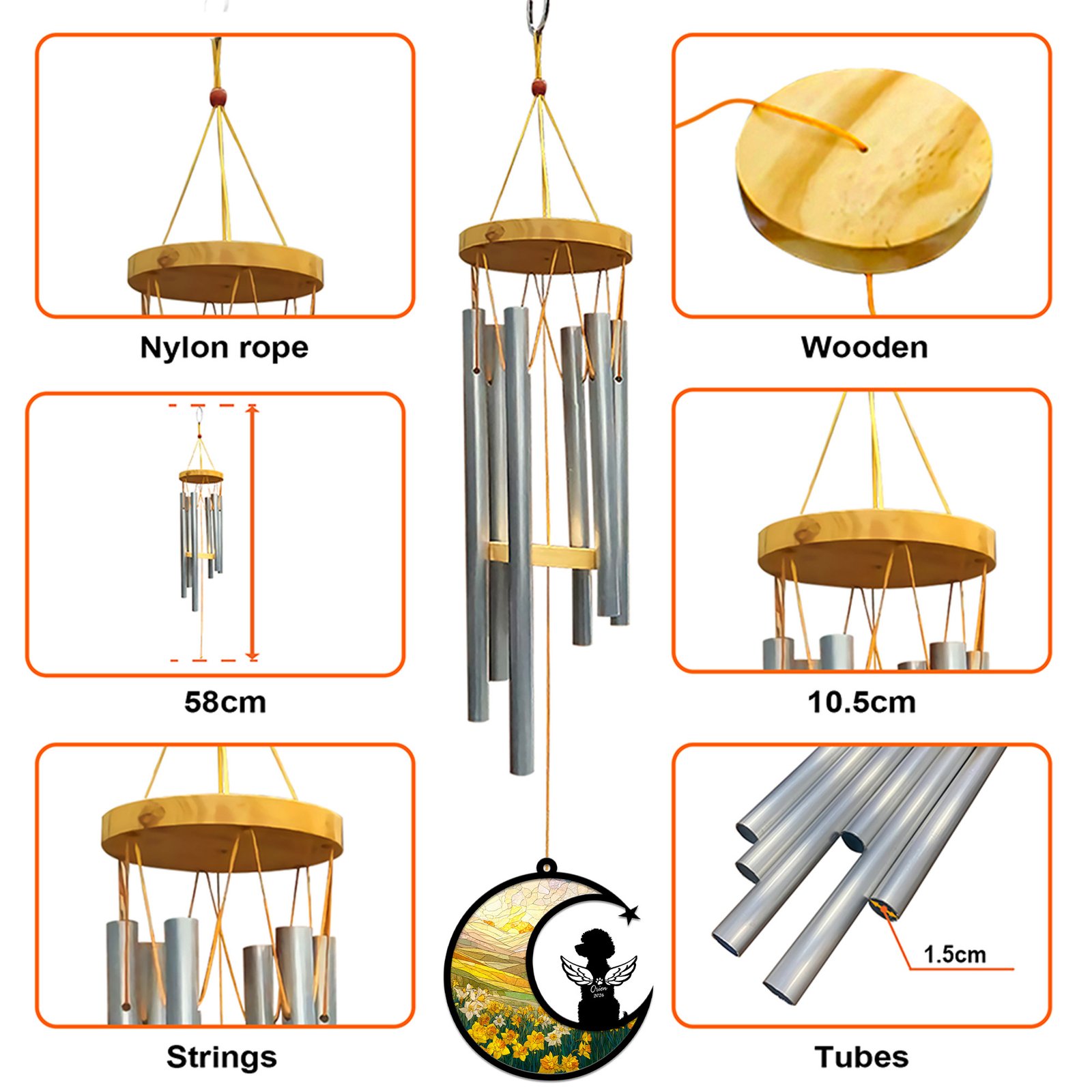 Infographic showing the wind chime construction with a wooden cap, nylon rope, metal tubes, and dimensions including 58 cm length and 10.5 cm cap width
