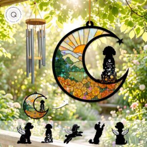 Wind chime with a crescent moon suncatcher showing an orange marigold sunset field and a curly-coated Poodle silhouette personalized with a name and year