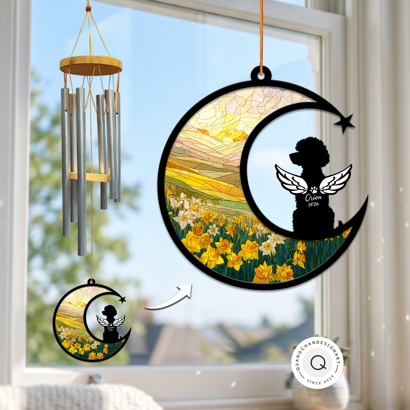 Wind chime with a crescent moon suncatcher showing a yellow daffodil field and a winged Poodle silhouette personalized with a name and year