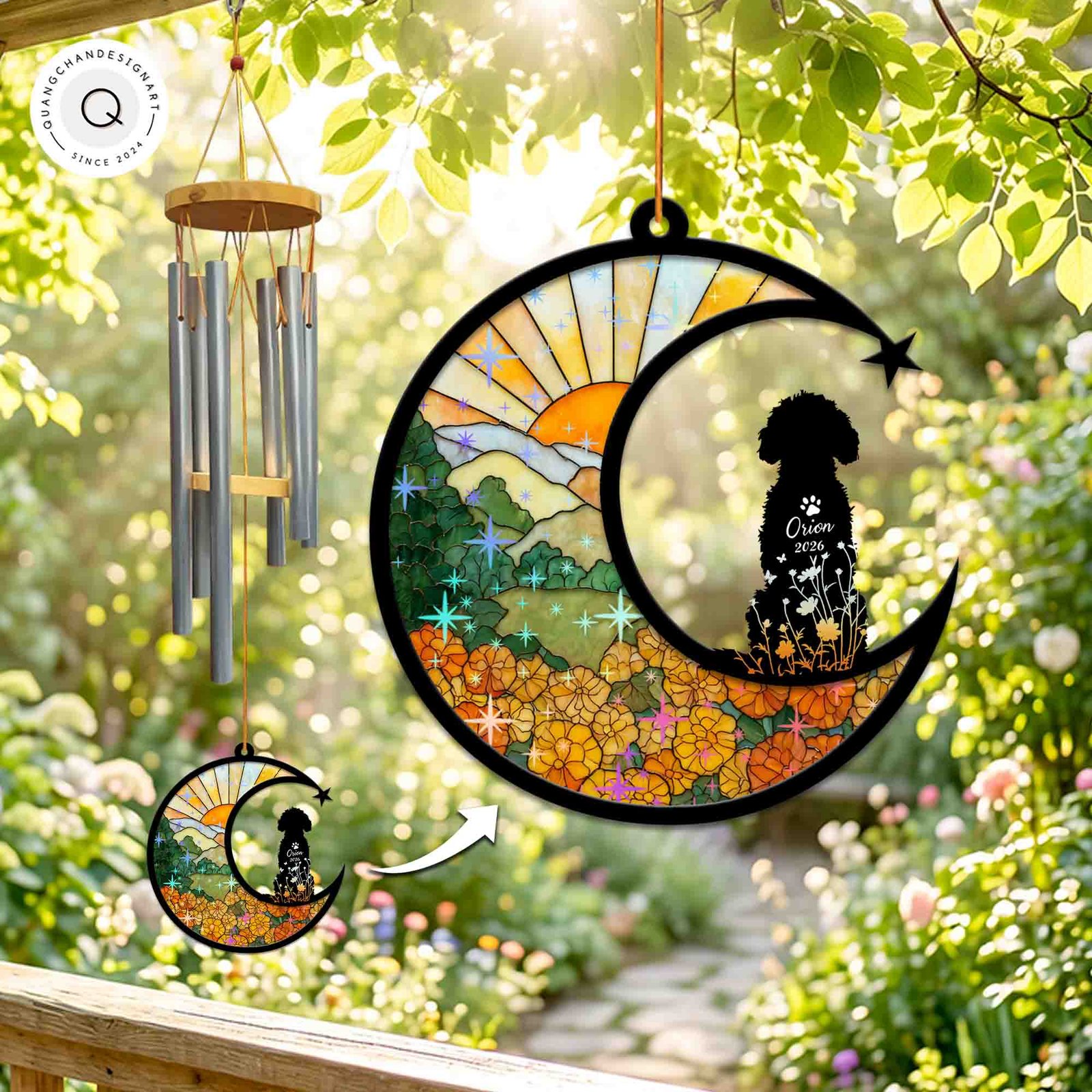 Wind chime with a sparkling marigold field suncatcher panel and a curly-coated Poodle silhouette personalized with a name and year