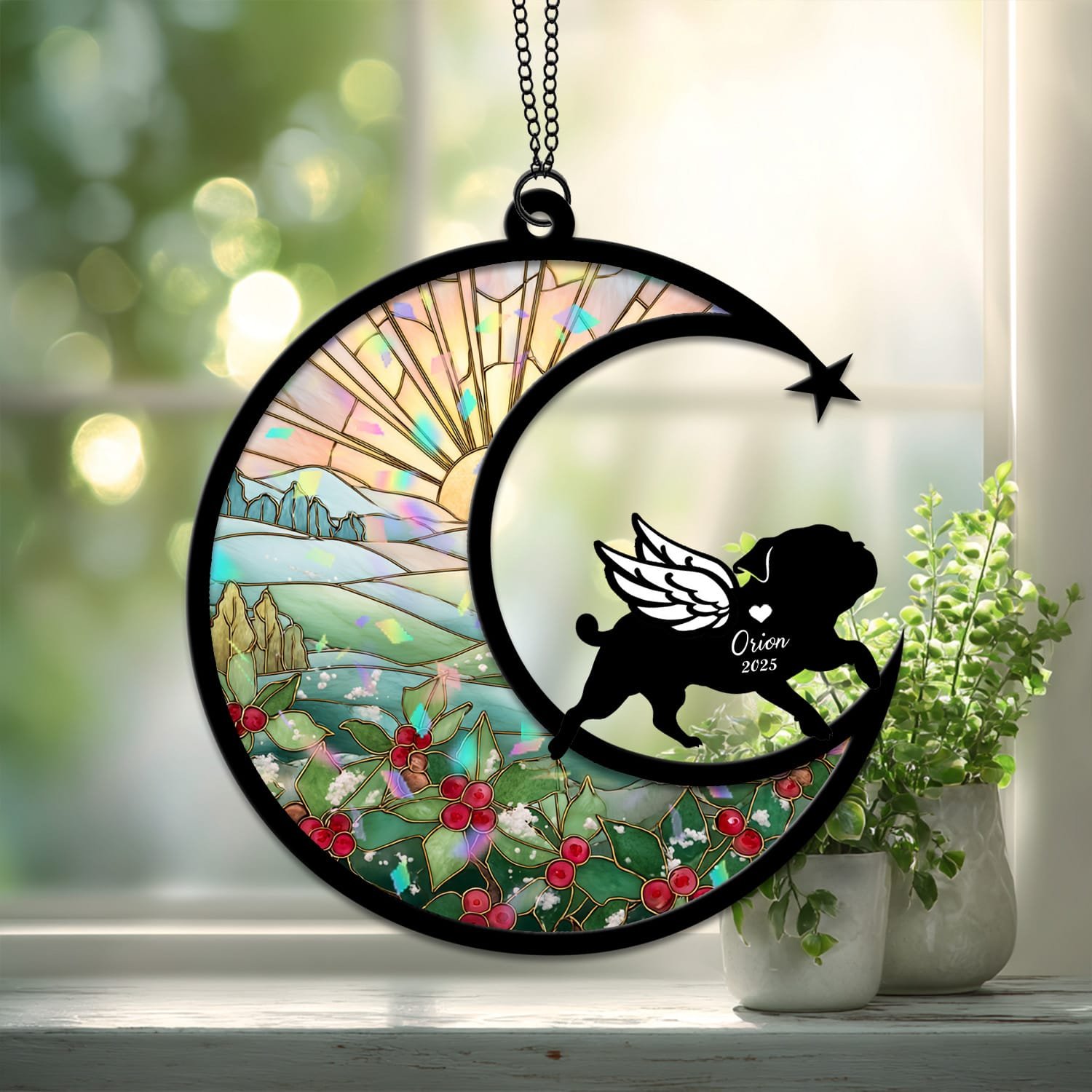 Broken Glass style suncatcher showing a Pug silhouette against a cracked-glass style floral crescent moon background