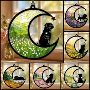 Crescent moon suncatcher with a wrinkled Pug silhouette over a stained-glass lily of the valley field