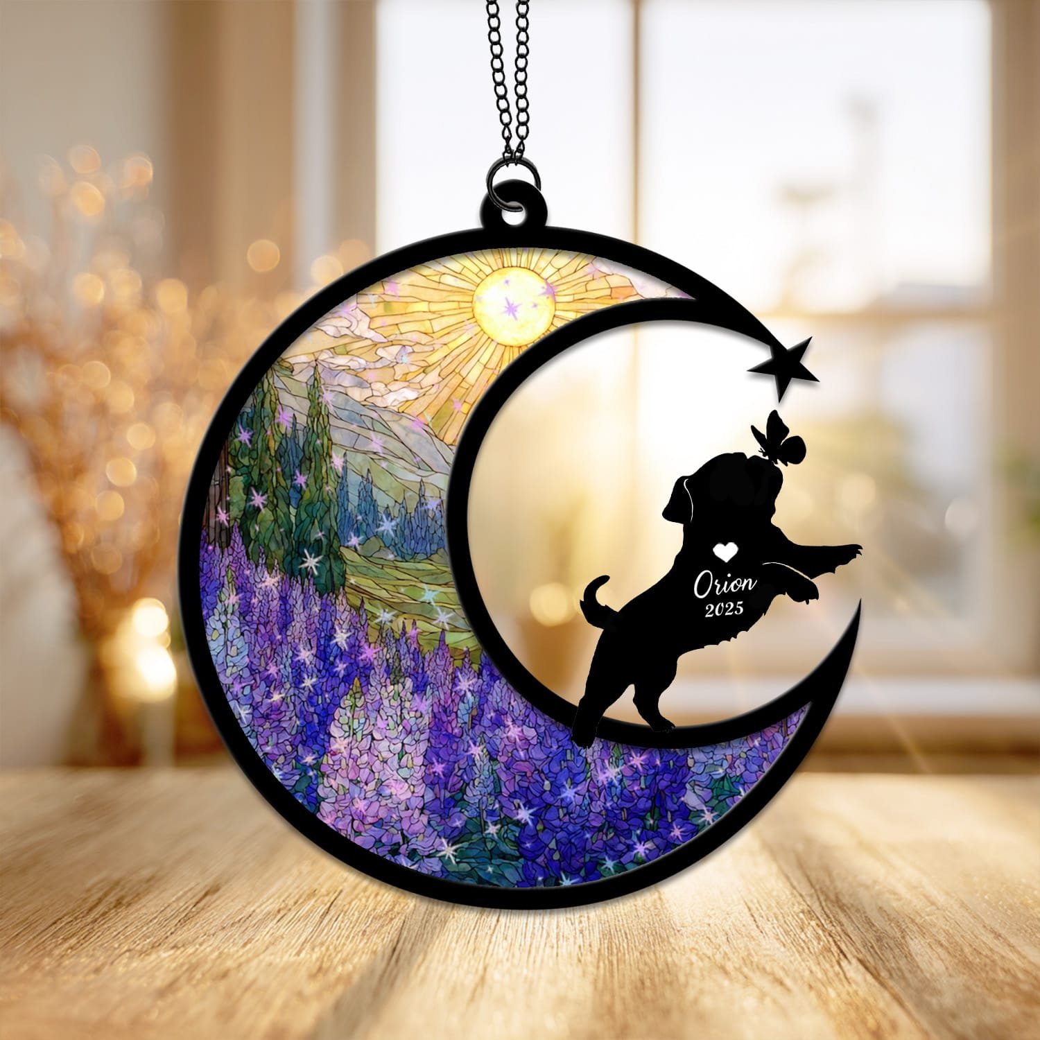 Starburst style suncatcher with a Pug silhouette under a sparkling stained-glass sunrise
