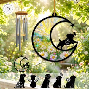 Wind chime with a crescent moon suncatcher showing a white daisy field and a Pug silhouette with a butterfly resting near its tail, personalized with a name and year