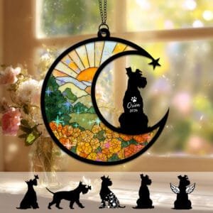 Crescent moon suncatcher with a bearded Schnauzer silhouette over a stained-glass marigold field